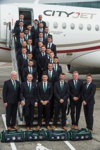 8 June 2016; The Republic of Ireland management, front row, from left, goalkeeping coach Seamus McDonagh, manager Martin O'Neill, captain Robbie Keane, assistant manager Roy Keane, coach Steve Walford and coach Steve Guppy, with squad members, from top, Shay Given, Darren Randolph, Robbie Brady, Keiren Westwood, Richard Keogh, Daryl Murphy, Cyrus Christie, Shane Duffy, Glenn Whelan, Stephen Ward, Ciaran Clark, Jeff Hendrick, David Meyler, Aiden McGeady, James McCarthy, Stephen Quinn, Jonathan Walters, Seamus Coleman, James McClean, Shane Long, Wes Hoolahan and John O'Shea board the CityJet flight to Paris for UEFA EURO2016 at Dublin Airport. CityJet is the official partner to the FAI. Photo by David Maher/Sportsfile *** NO REPRODUCTION FEE ***