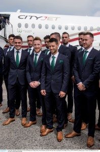 8 June 2016; Republic of Ireland players, from left, Robbie Brady, Stephen Quinn, Wesley Hoolahan and Aiden McGeady before boarding the CityJet flight to Paris for UEFA EURO2016 at Dublin Airport. CityJet is the official partner to the FAI. Photo by David Maher/Sportsfile