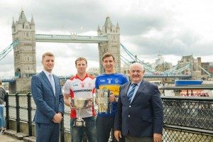 •At the launch of the championships were: (from left) Michael Rogers, CityJet marketing, Mark Gottsche (Tir Chonaill Gaels,  Football Champions 2015),Tadhg Healy (Robert Emmetts, Hurling Champions 2015), John Lacey (Chairperson London GAA). 