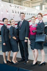 No Repro fee 18-10-16 Picture shows from left CityJet cabin crew Layle Bahjat;Patricia Ramos;Captain Frederique Brule; Lauren Fisk and Roisin Lally; as CityJet today revealed its new look for its staff and cabin crew with the rollout of its exclusive new uniform, created by top Irish designer Aideen Bodkin, who worked closely with CityJet crews throughout the whole process.Pic:Naoise Culhane-no fee
